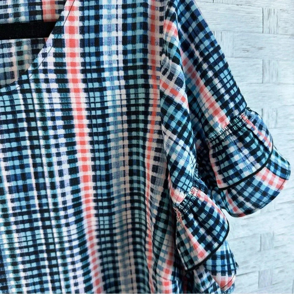 Lane Bryant Plaid Ruffle Sleeve Blouse - Blue and Pink - Picture 3 of 10